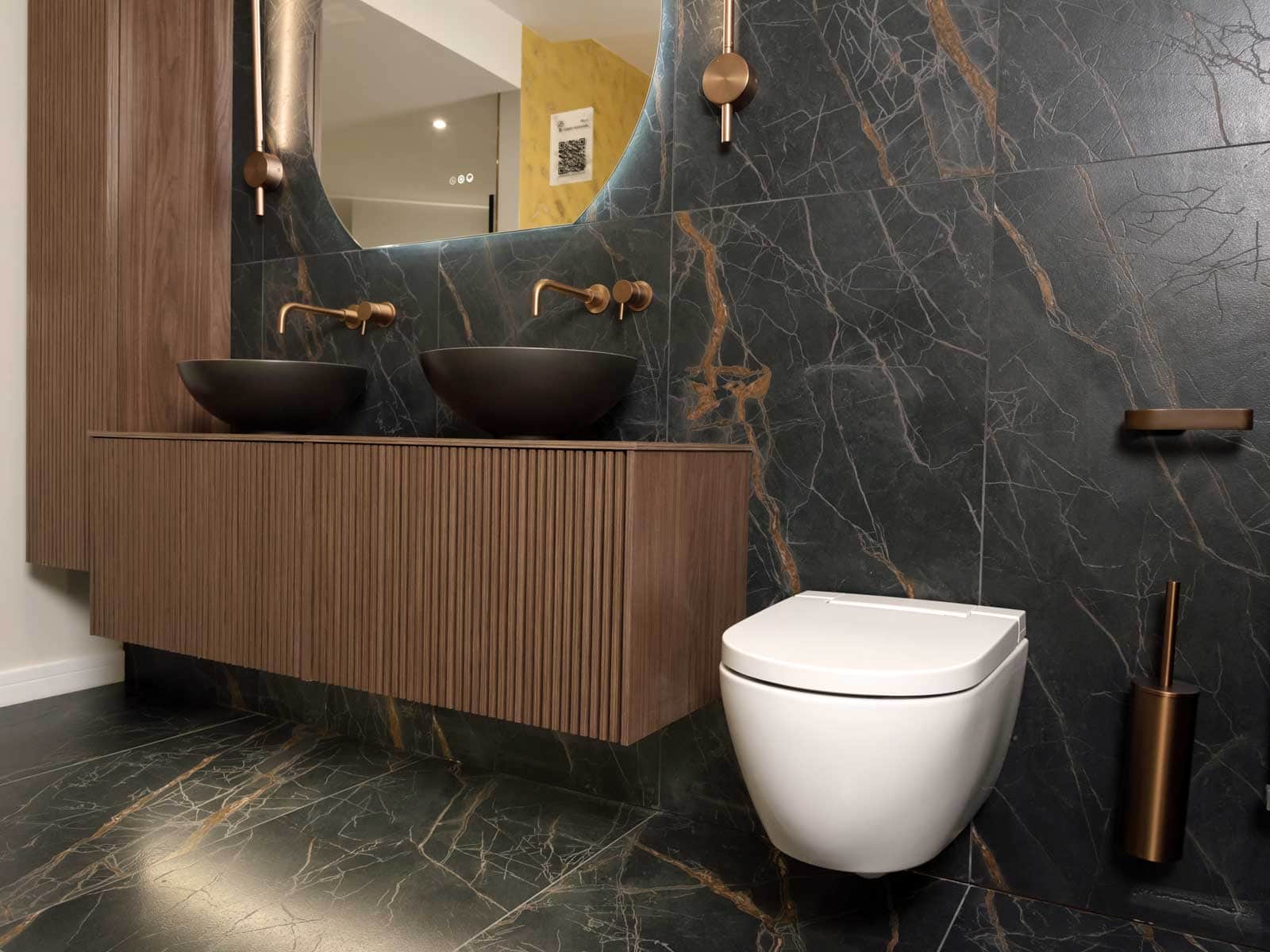 Display 33 - Crosswater Limit in Royal Walnut display showing furniture, mirror, brassware, basins and toilet