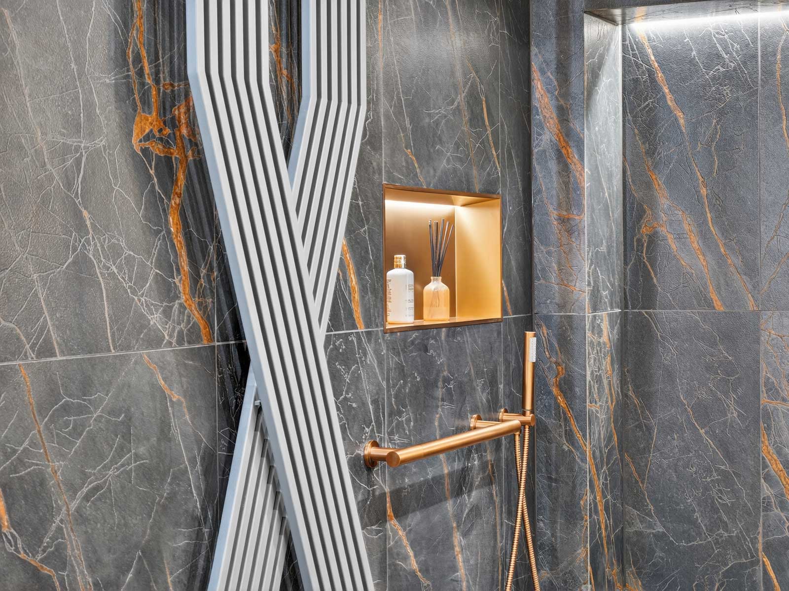 Display 33 - Crosswater Limit in Royal Walnut tiles and radiator