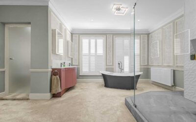 Stunning Wet Room Bathroom with Utopia Symmetry Furniture in Blush and Kudos Aqua wet room floor