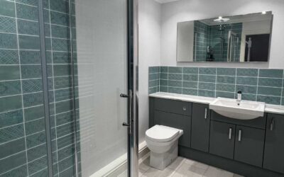 Beautiful Utopia fitted furniture in Nadia door style in sea green with glacial grey carcass Bathroom