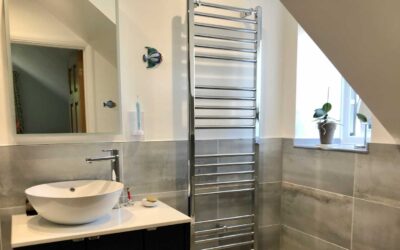 Utopia fitted furniture in Azure Blue with Coastal Oak carcass Bury St Edmunds Bathroom