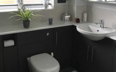 Beautiful Utopia bathroom furniture in Nadia door style in Grey Storm with White Italian Stone worktops