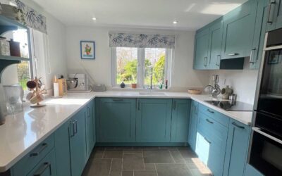 Beautiful Schüller Kitchen in Casa pore lacquer in Blue grey with bar handles