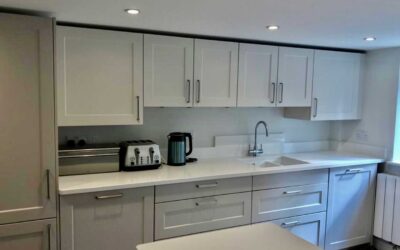 Vienna satin lacquer doors in sand grey and sea shell white.