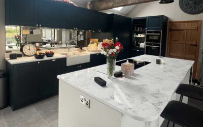 Beautiful Bury St Edmunds Schüller kitchen in Finca satin lacquer in Deep blue and Sea shell white