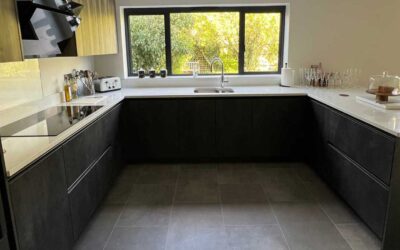 Stunning Elba anthracite units and Modena virginia oak wall units with under cabinet lights and grip ledge lighting